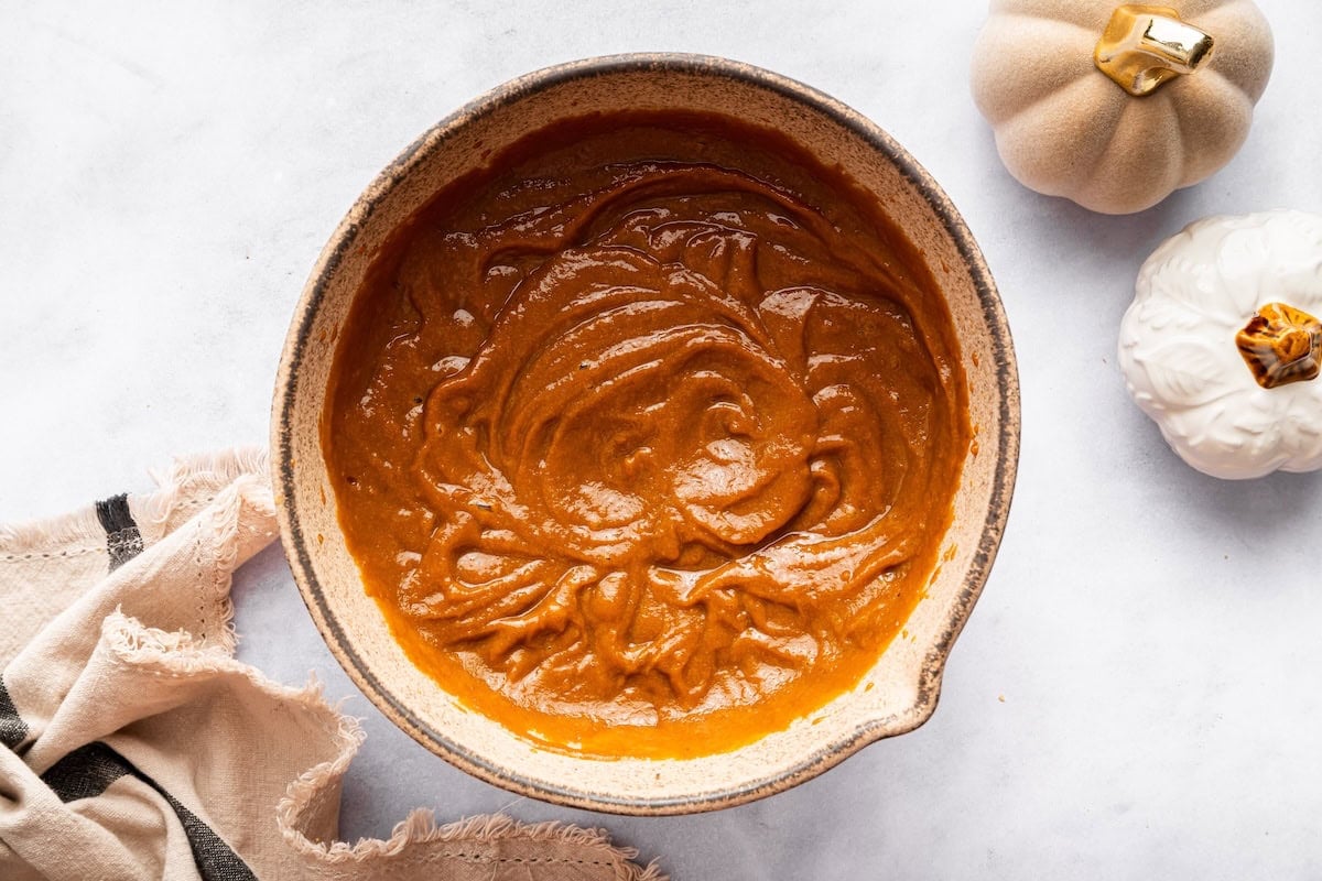Pumpkin bread batter stirred until smooth and ready to bake.