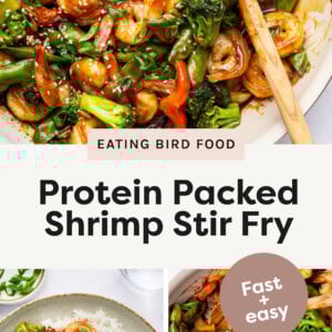 Top photo: This image showcases a vibrant shrimp stir-fry in a large skillet. The dish is colorful with a mix of shrimp, broccoli, red bell peppers, snap peas, zucchini, and onions, all coated in a glossy, savory sauce. The stir-fry is garnished with sesame seeds and sliced green onions, adding texture and a pop of color. A wooden spoon rests in the pan, ready for serving. Bottom left photo: This image shows a delicious shrimp stir-fry served with white rice. The stir-fry includes vibrant vegetables like broccoli, red bell peppers, and zucchini, all coated in a glossy, savory sauce. The dish is garnished with sesame seeds and sliced green onions, adding texture and freshness. Chopsticks are placed on the side, ready for use. Bottom right photo: This image showcases a vibrant shrimp stir-fry in a large skillet. The dish is colorful with a mix of shrimp, broccoli, red bell peppers, snap peas, zucchini, and onions, all coated in a glossy, savory sauce. The stir-fry is garnished with sesame seeds and sliced green onions, adding texture and a pop of color. A wooden spoon rests in the pan, ready for serving.