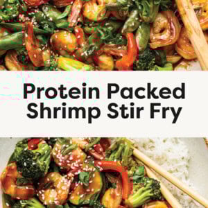 Top photo: This image showcases a vibrant shrimp stir-fry in a large skillet. The dish is colorful with a mix of shrimp, broccoli, red bell peppers, snap peas, zucchini, and onions, all coated in a glossy, savory sauce. The stir-fry is garnished with sesame seeds and sliced green onions, adding texture and a pop of color. A wooden spoon rests in the pan, ready for serving. Bottom photo: This image shows a delicious shrimp stir-fry served with white rice. The stir-fry includes vibrant vegetables like broccoli, red bell peppers, and zucchini, all coated in a glossy, savory sauce. The dish is garnished with sesame seeds and sliced green onions, adding texture and freshness. Chopsticks are placed on the side, ready for use.