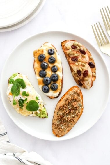 Four varieties of sweet potato toast on a plate.