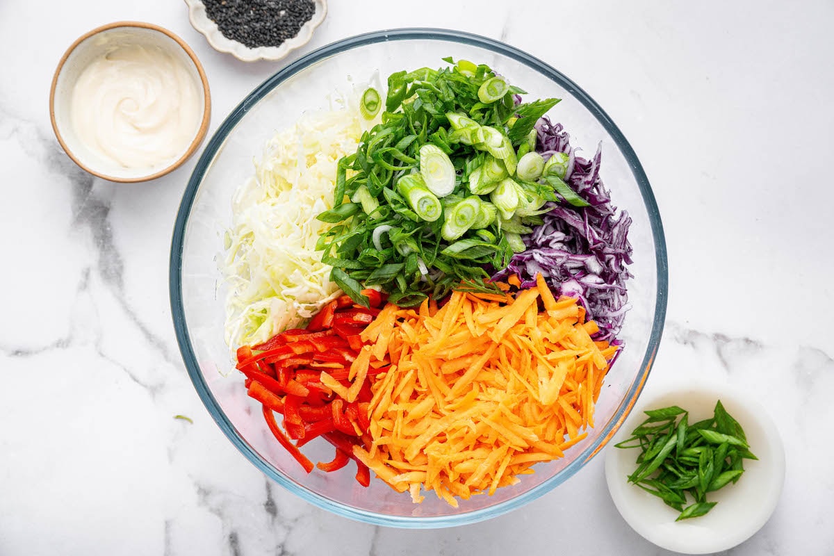 Chopped red cabbage, shredded carrots, red bell pepper, and sliced scallions arranged in sections in a large mixing bowl before tossing.